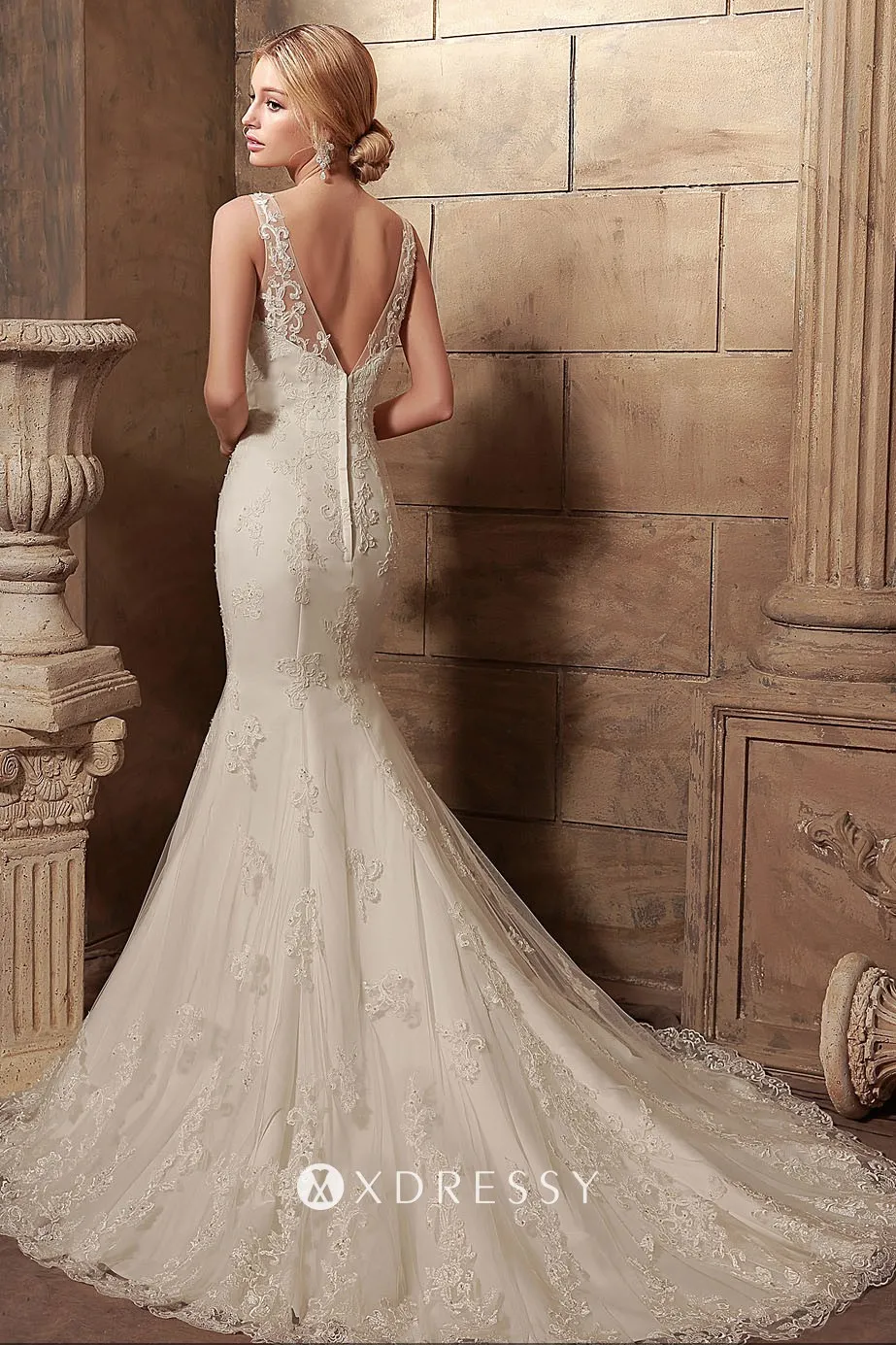 Beaded low V back mermaid chapel train wedding dress Beaded low V back mermaid chapel train wedding dress