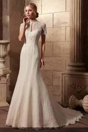 Illusion Lace High Neck Short Sleeve Wedding Dress