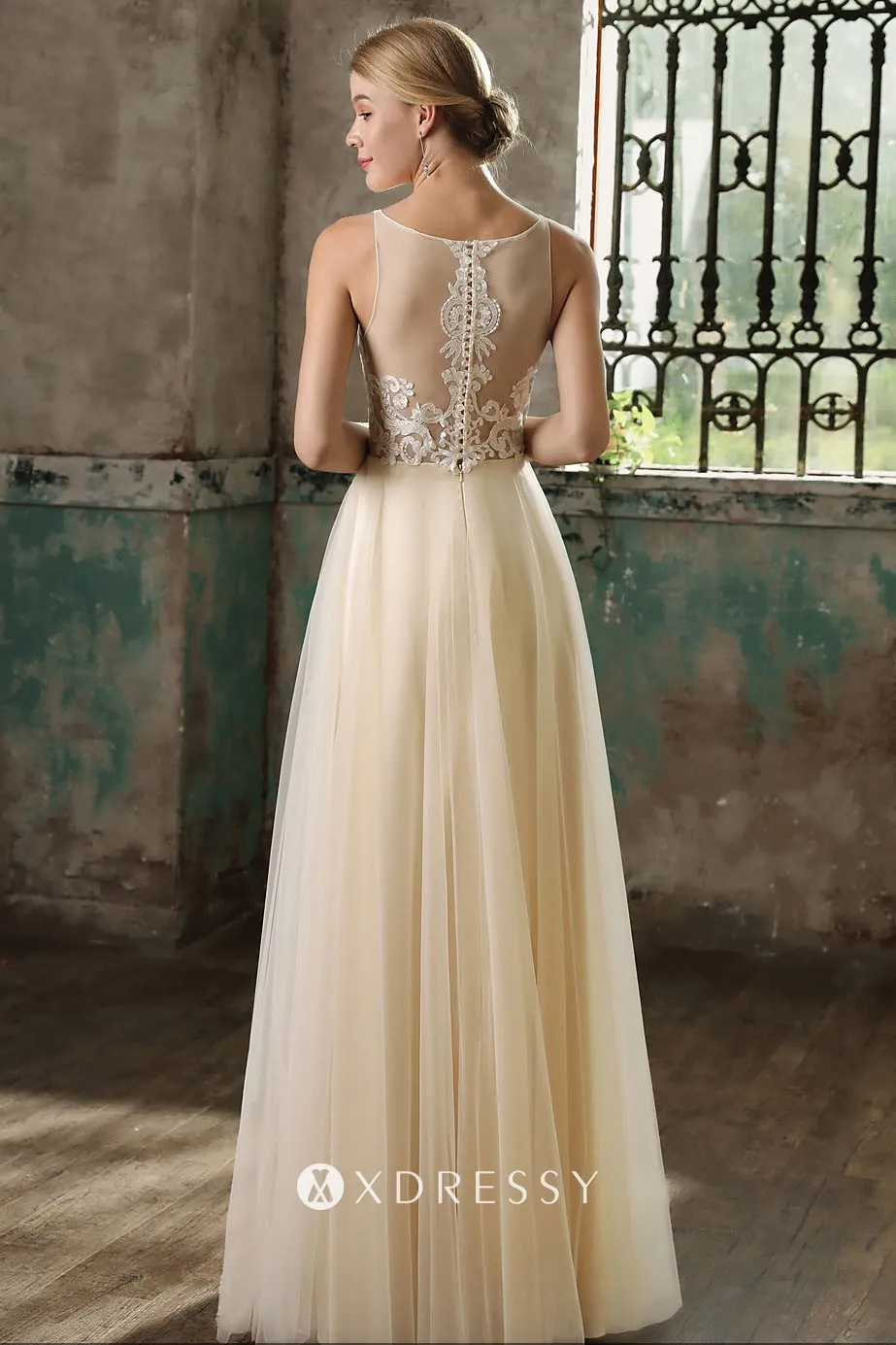 champagne lace and tulle wedding dress without train