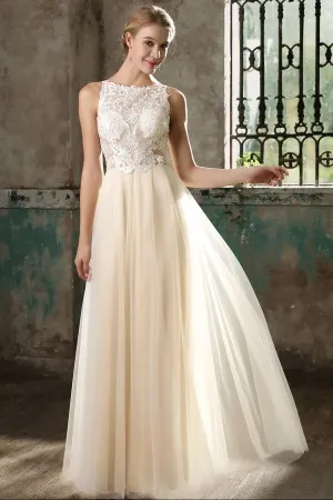 illusion lace and tulle champagne A line long wedding dress