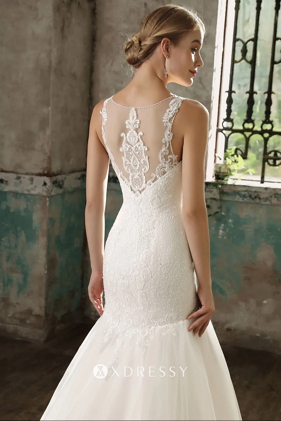 illusion lace back wedding gown