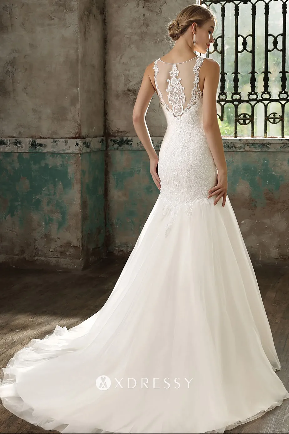 ivory drop waist mermaid wedding dress with chapel train