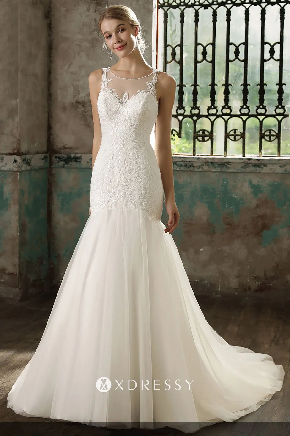 ivory lace and tulle drop waist mermaid wedding dress