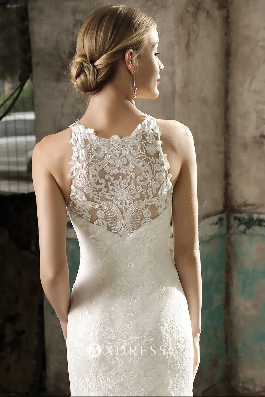 Elegant illusion lace back wedding dress