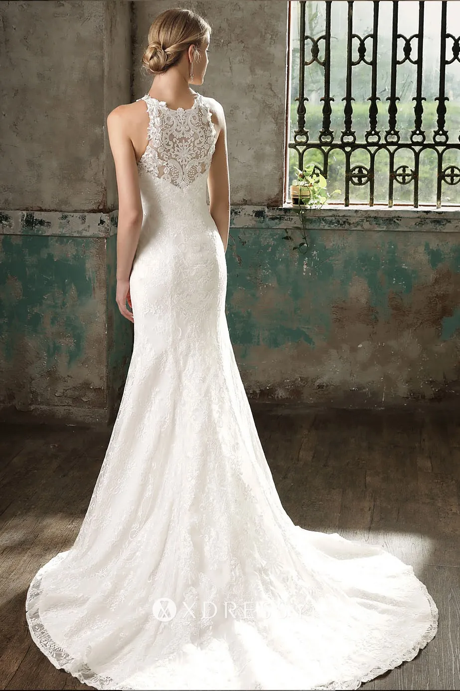 Elegant lace mermaid chapel train wedding dress
