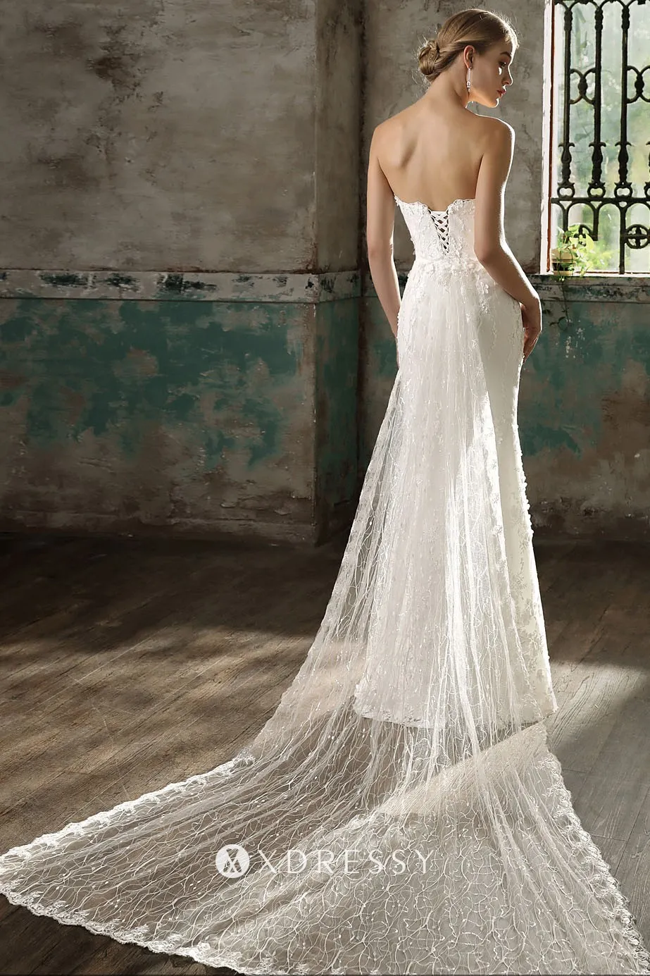 lace up low back wedding dress with removable train