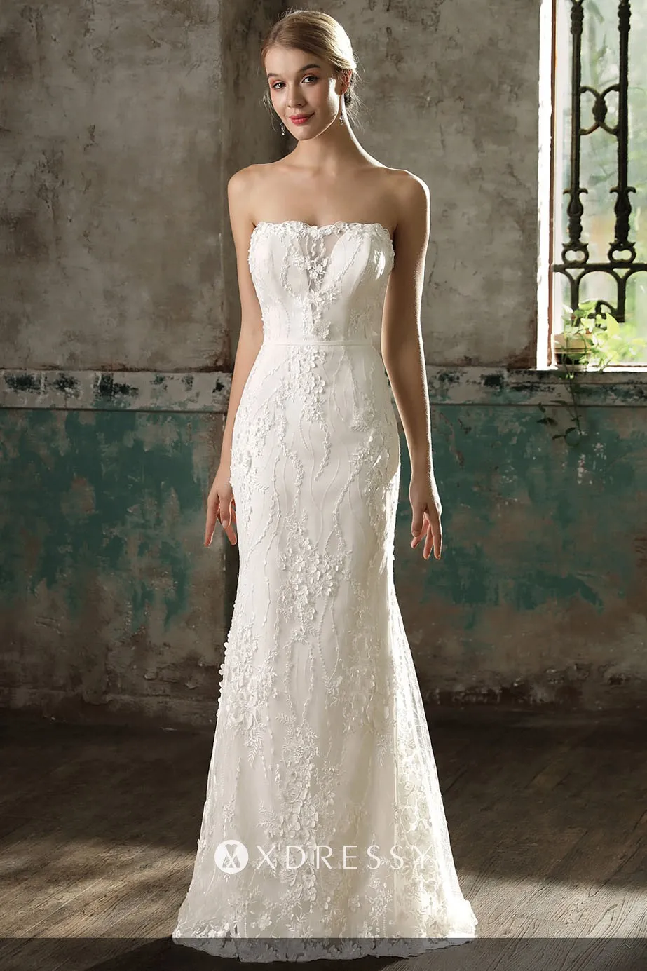 unique floral appliqued ivory slim fit mermaid wedding dress