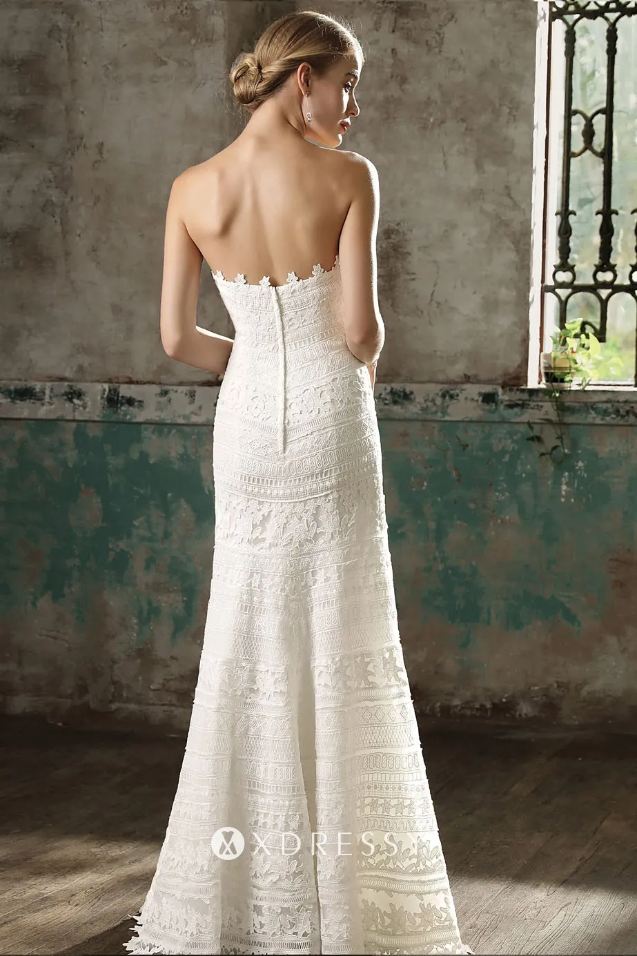 Ivory lace fit and flare long wedding gown