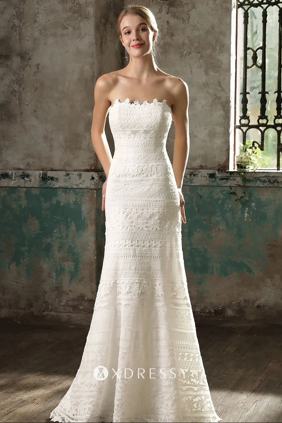 Strapless ivory lace long wedding dress