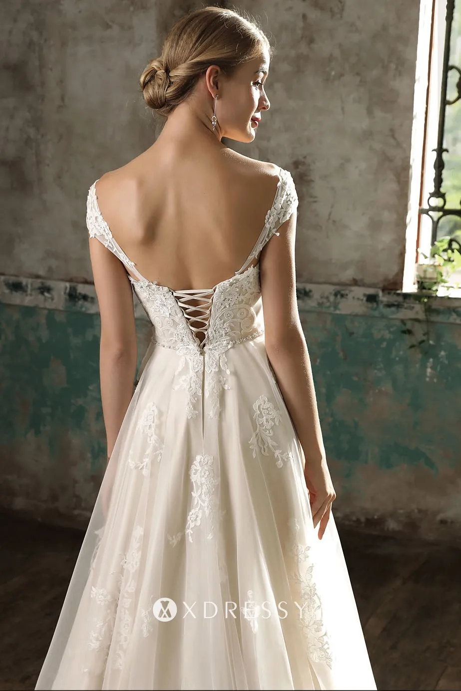 low back champagne satin lace tulle A line wedding dress