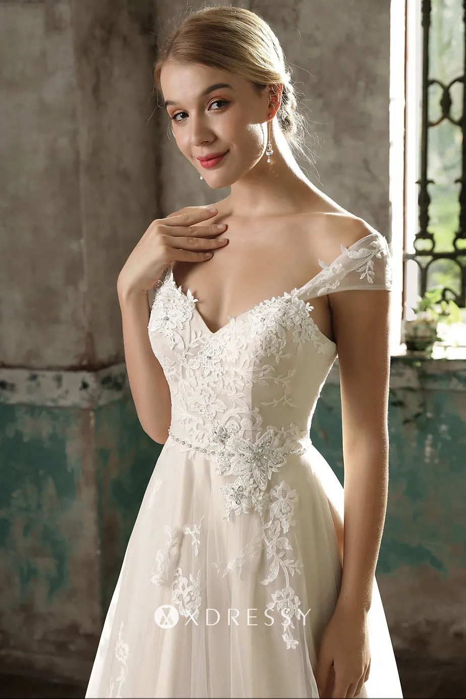 removable cap sleeve champagne satin lace tulle A line wedding dress