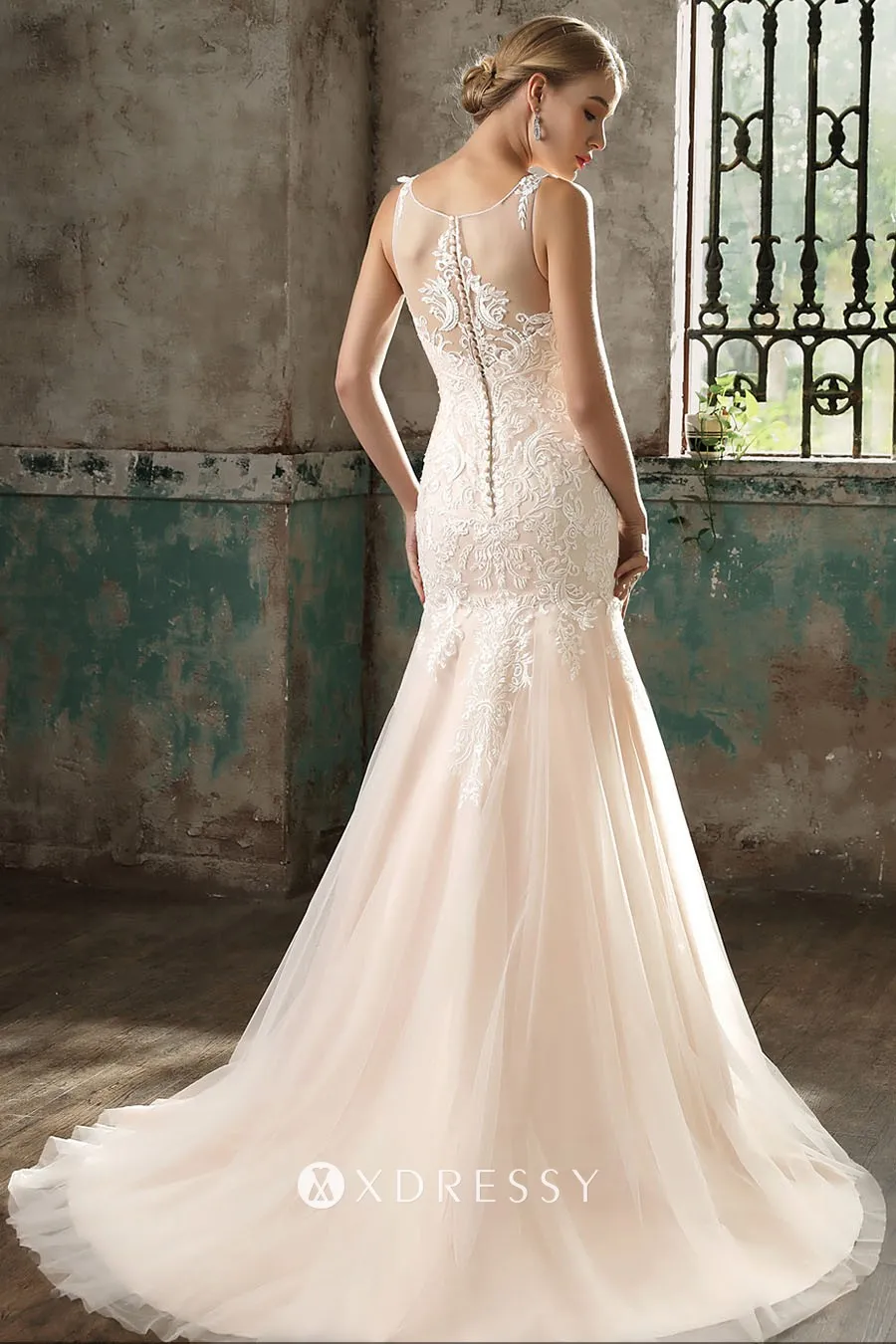 court train drop waist champagne wedding dress