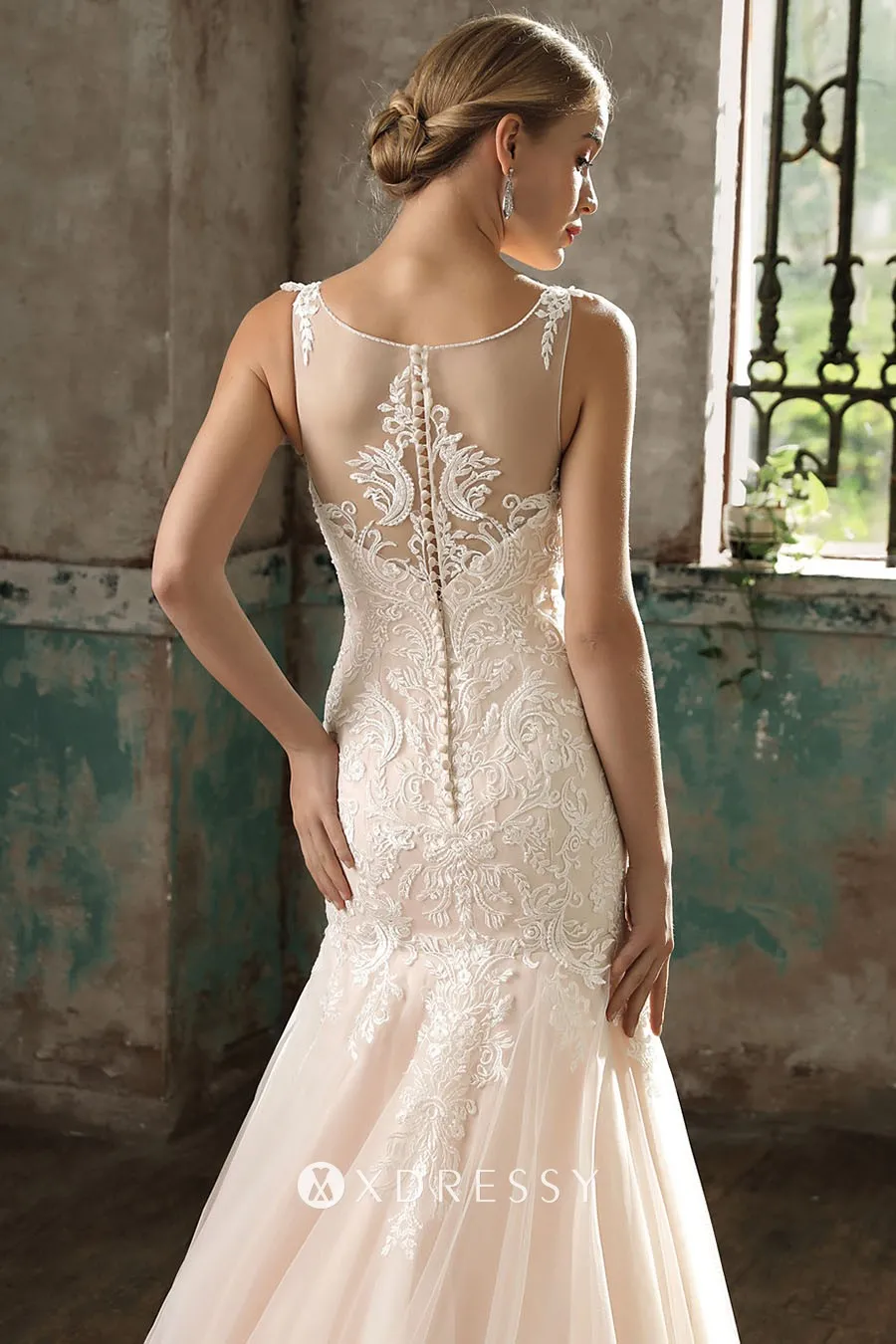 illusion back drop waist champagne wedding dress