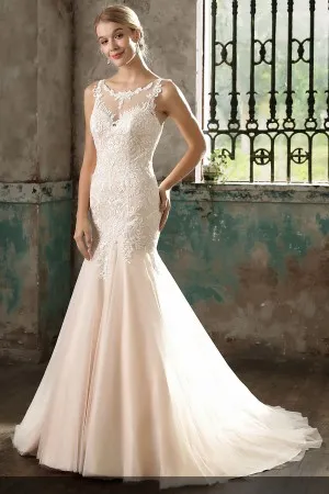 illusion neck drop waist champagne wedding dress