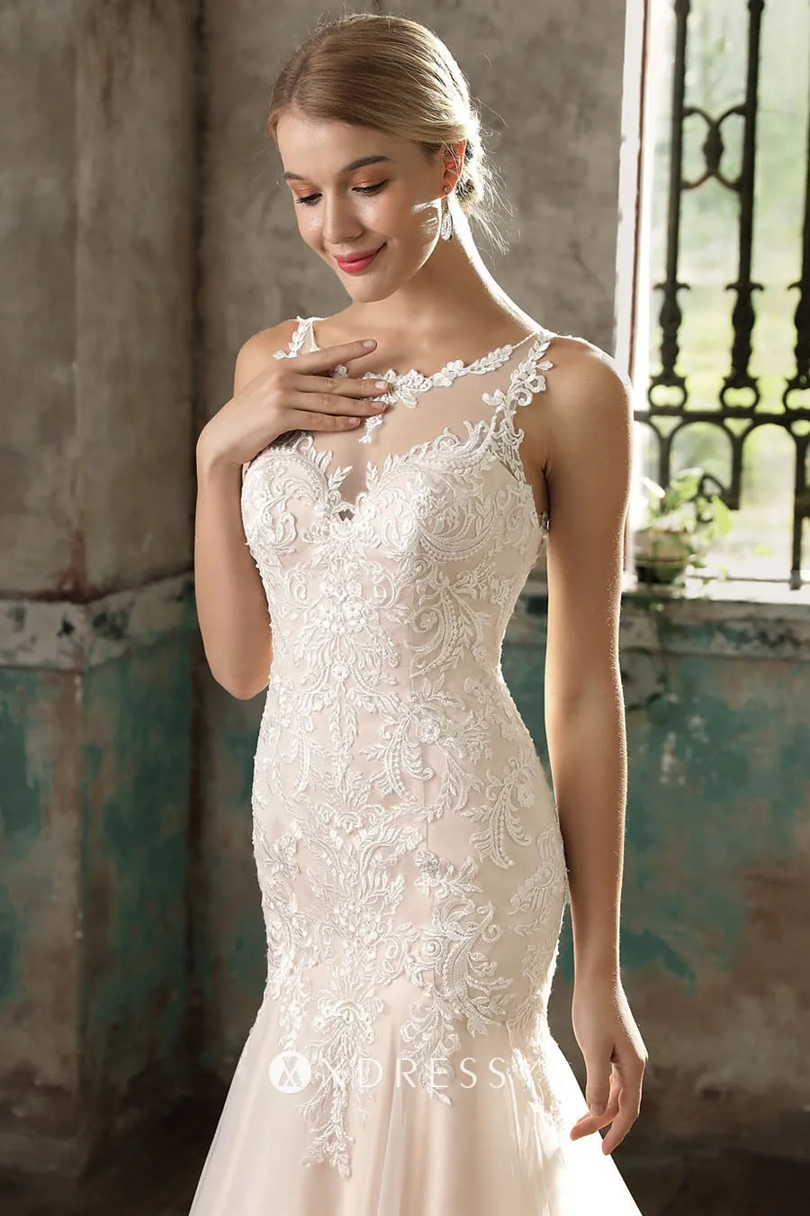 sleeveless drop waist champagne wedding dress