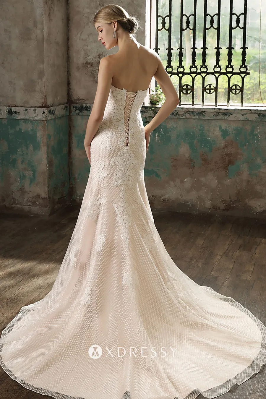 chapel train champagne mermaid lace grid mesh long bridal dress chapel train champagne mermaid lace grid mesh long bridal dress