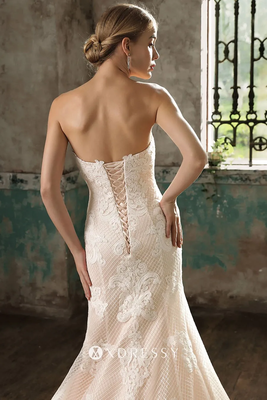 low back champagne mermaid lace grid mesh long bridal dress low back champagne mermaid lace grid mesh long bridal dress