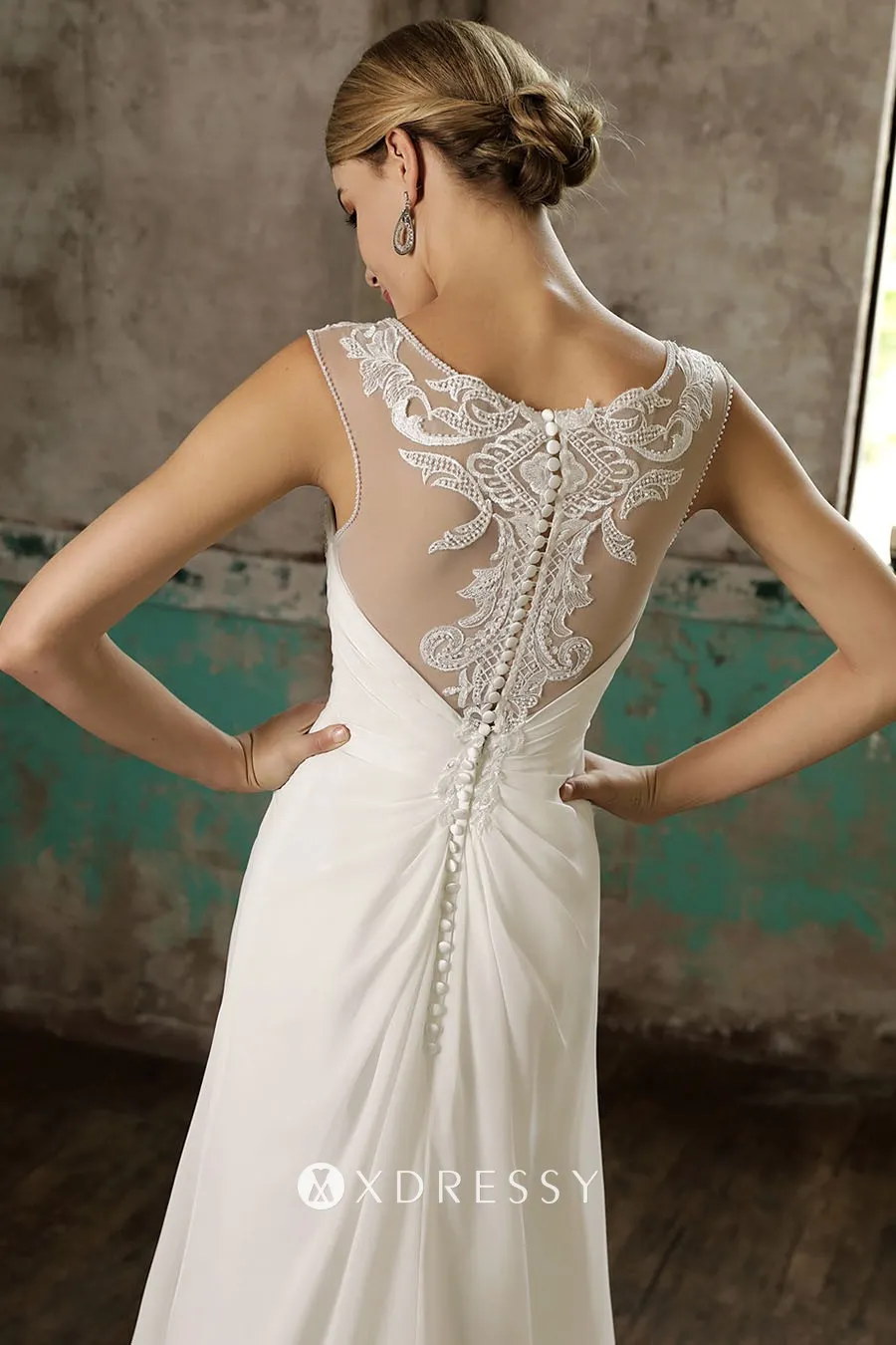 illusion back pearls lace draped chiffon wedding dress illusion back pearls lace draped chiffon wedding dress