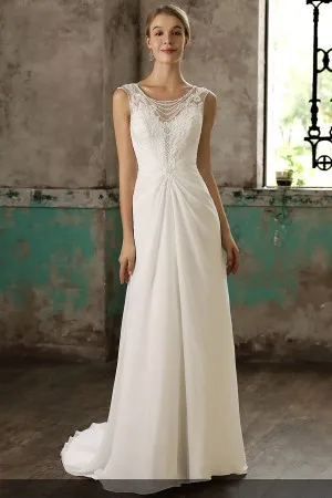pearls illusion lace draped chiffon wedding dress