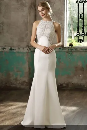crew neck illusion lace satin mermaid wedding gown