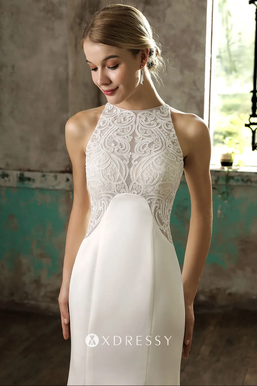 illusion crew neck lace satin mermaid wedding gown
