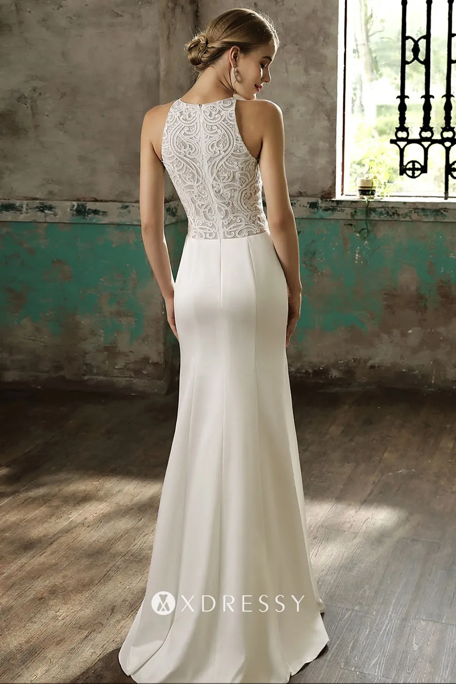 no train illusion lace satin mermaid wedding gown