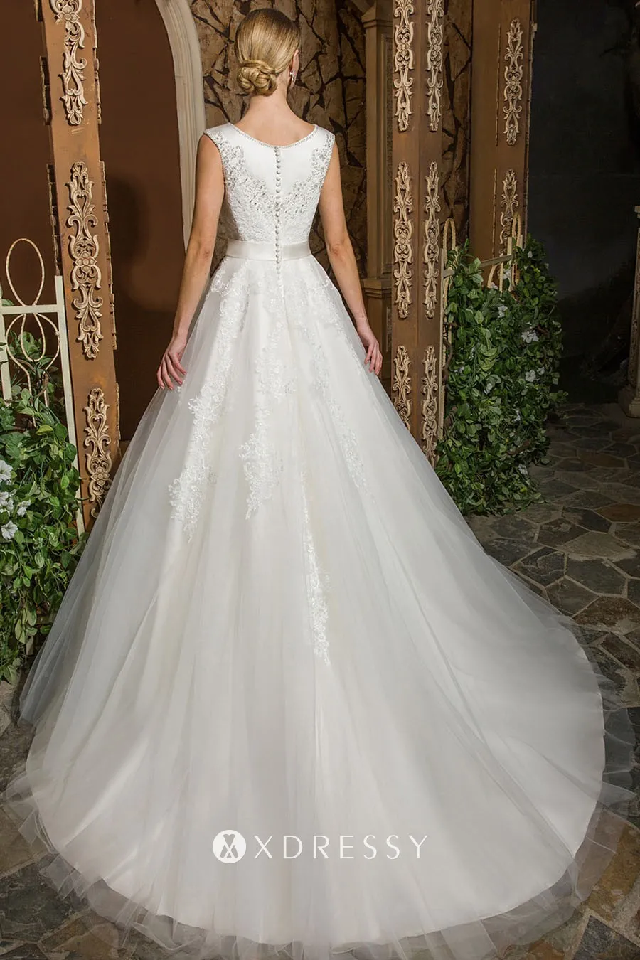 chapel train cap sleeve illusion puffy wedding dress