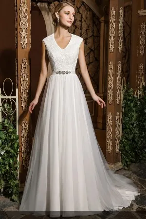 V neck cap sleeve lace tulle A line prom dress