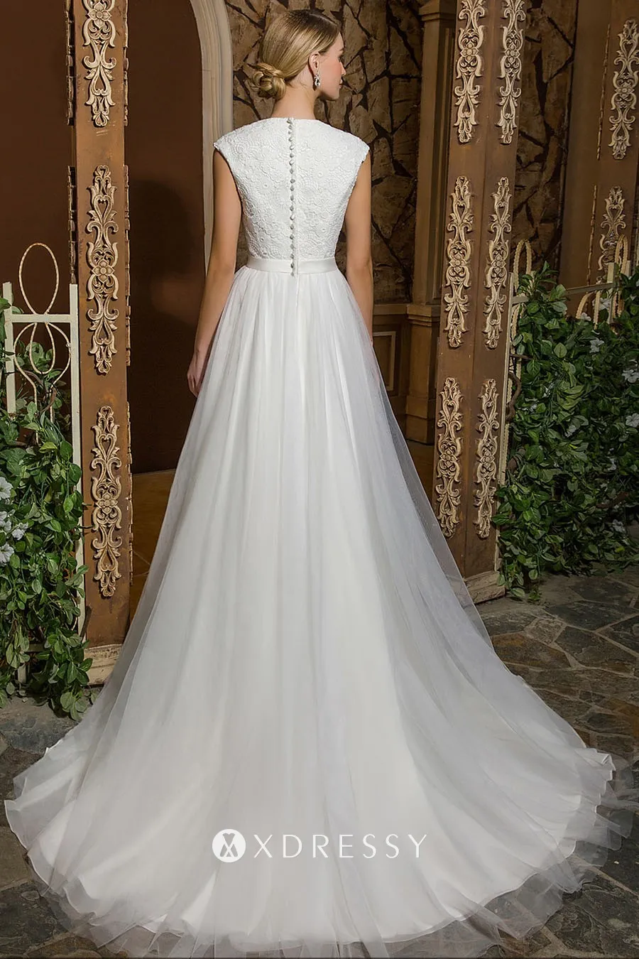 cap sleeve lace tulle A line prom dress with chapel train cap sleeve lace tulle A line prom dress with chapel train