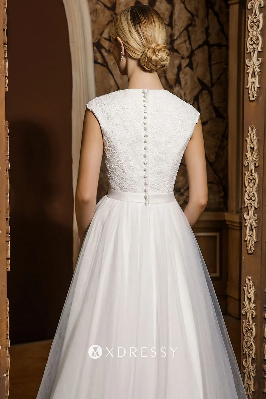 closed back with buttons cap sleeve lace tulle A line prom dress closed back with buttons cap sleeve lace tulle A line prom dress