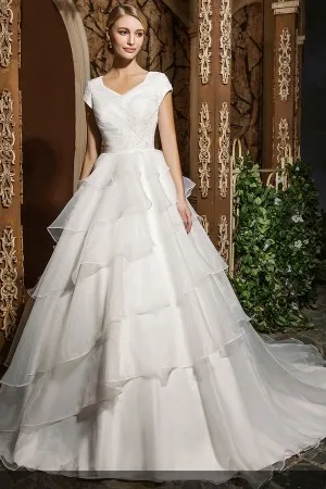 tiered ruffled organza cap sleeve wedding ballgown