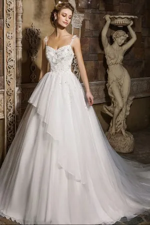 beaded lace appliqued chapel train bridal ballgown