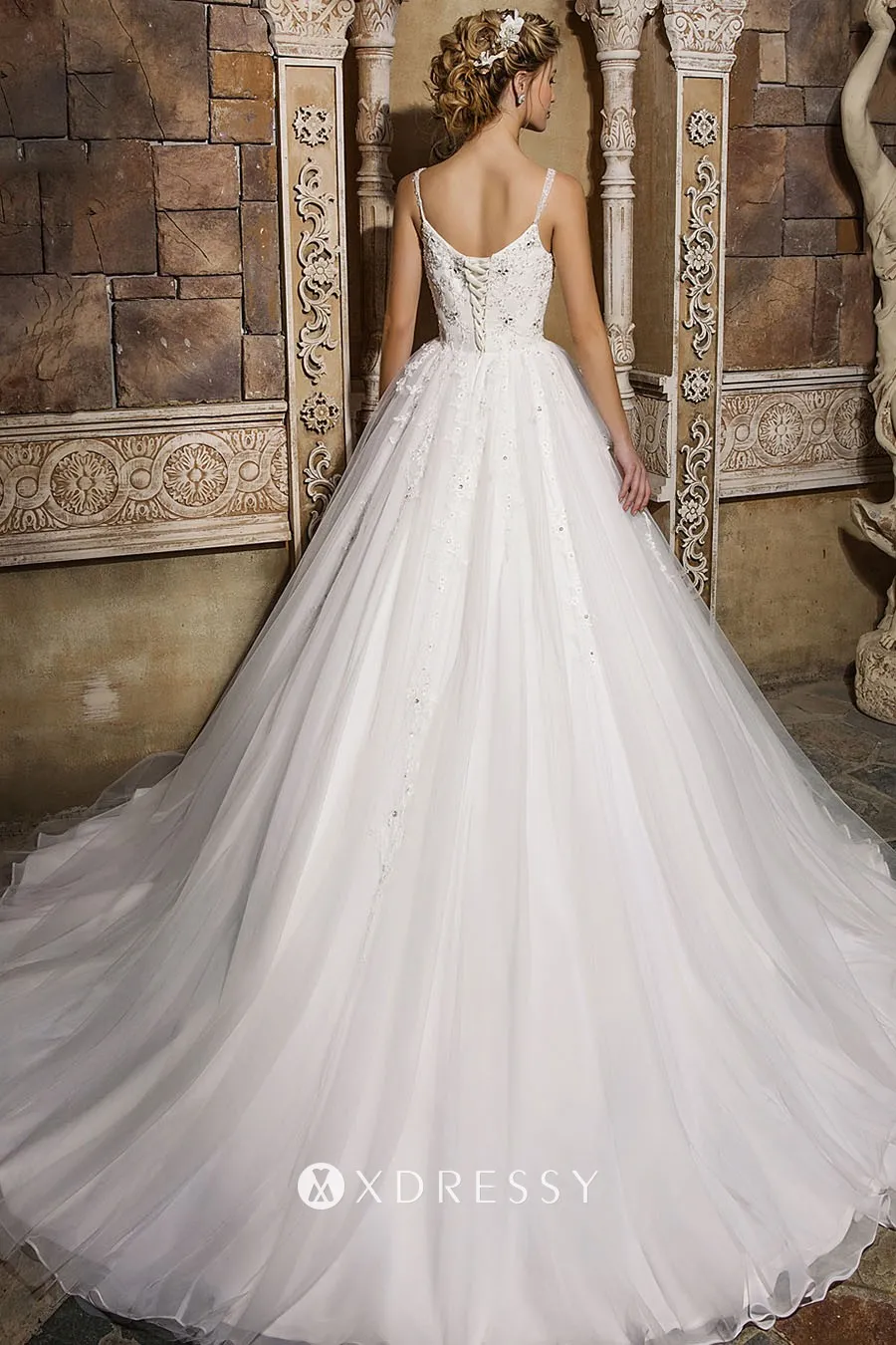 chapel train beaded lace appliqued bridal ballgown chapel train beaded lace appliqued bridal ballgown