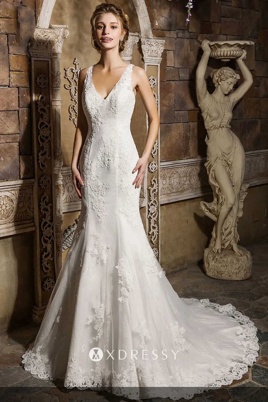V neck sleeveless mermaid white lace wedding dress