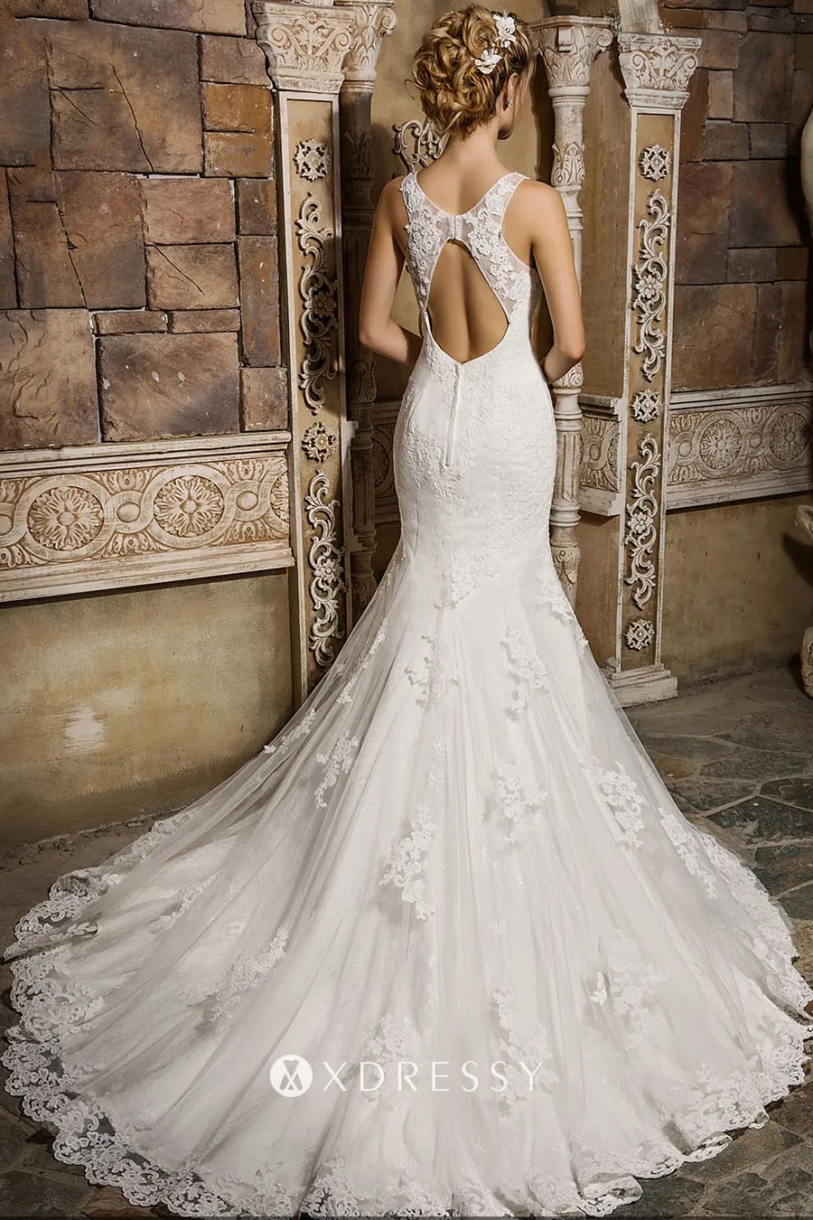 V neck sleeveless mermaid white lace wedding dress with chapel train
