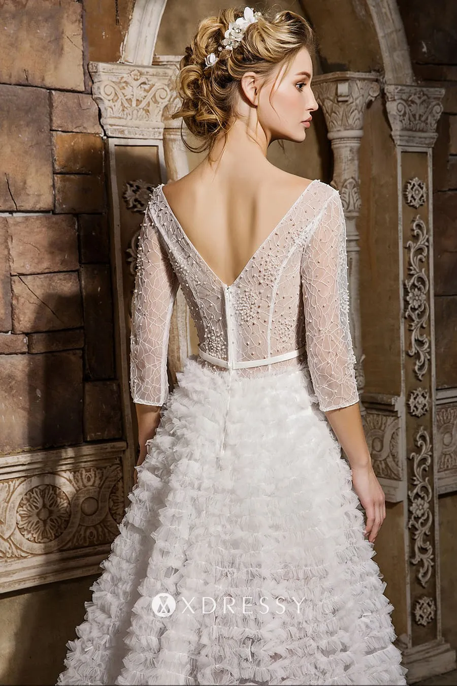 illusion V back pearls sheer ruffle 34 sleeve A line wedding gown illusion V back pearls sheer ruffle 34 sleeve A line wedding gown