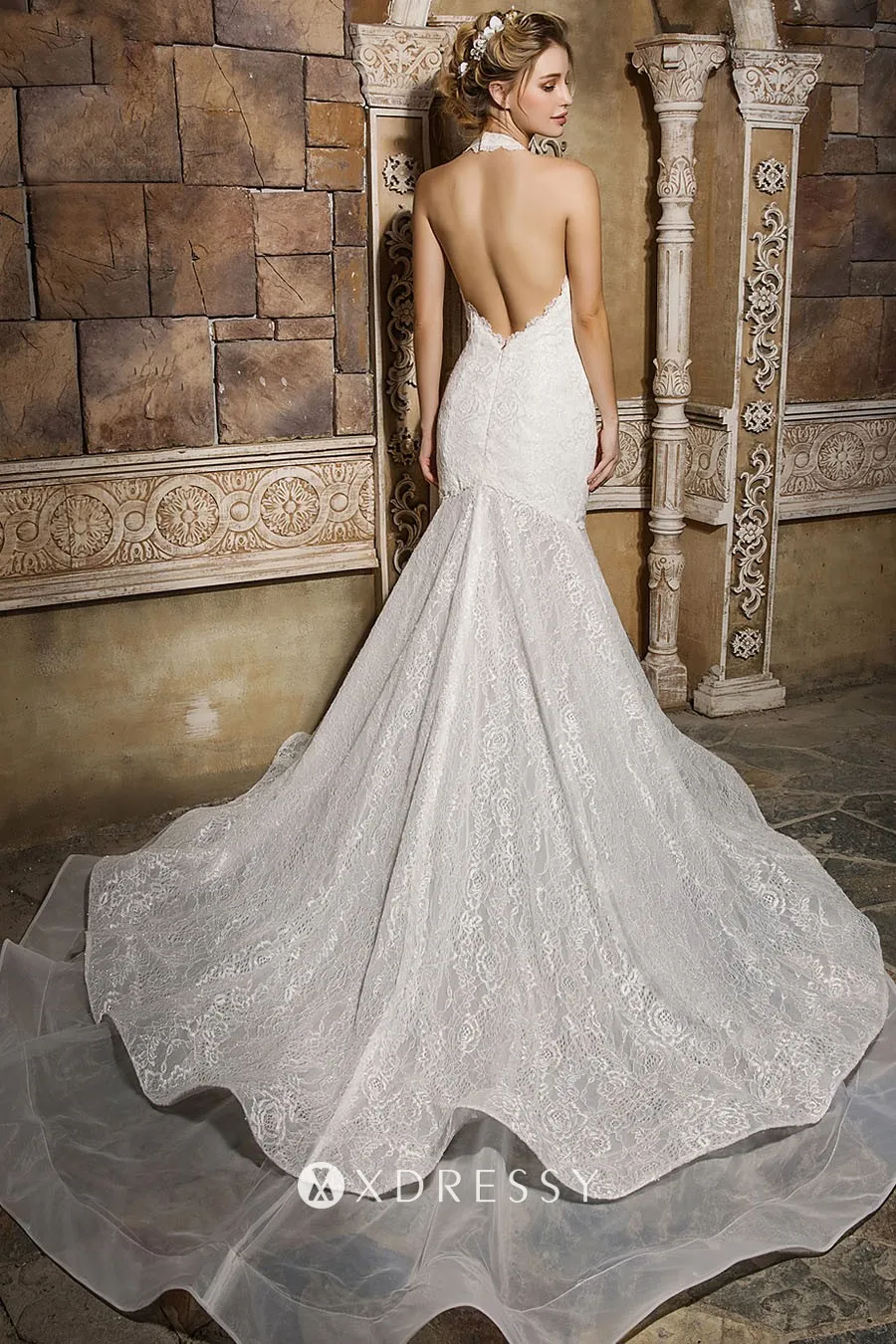 Plunging Neck Backless Ivory Lace Sexy Bridal Gown - Xdressy