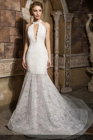 plunging neck backless ivory lace sexy bridal gown