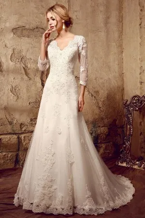 Beaded White Lace Illusion 3/4 Sleeve Wedding Gown - Xdressy