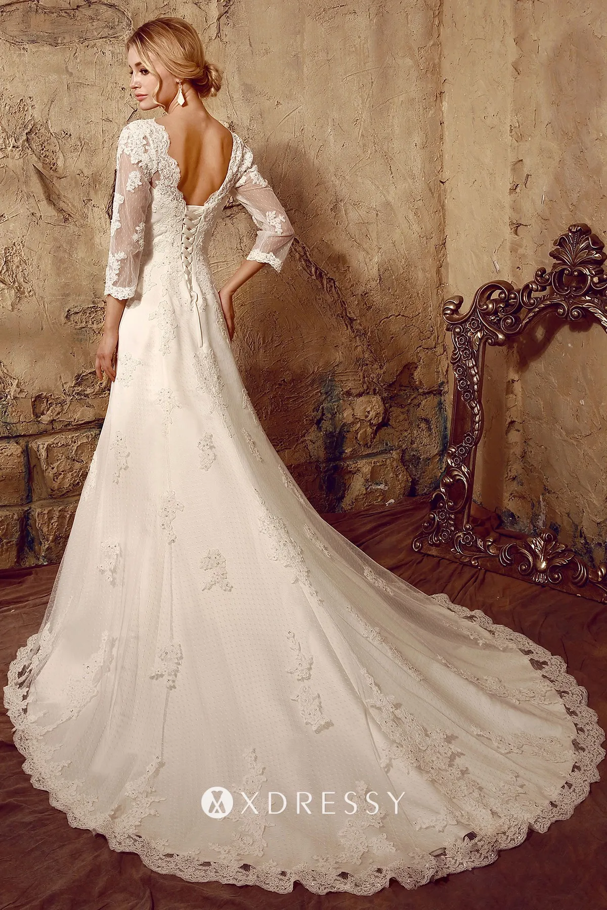 beaded white lace illusion 34 sleeve wedding gown with chapel train beaded white lace illusion 34 sleeve wedding gown with chapel train