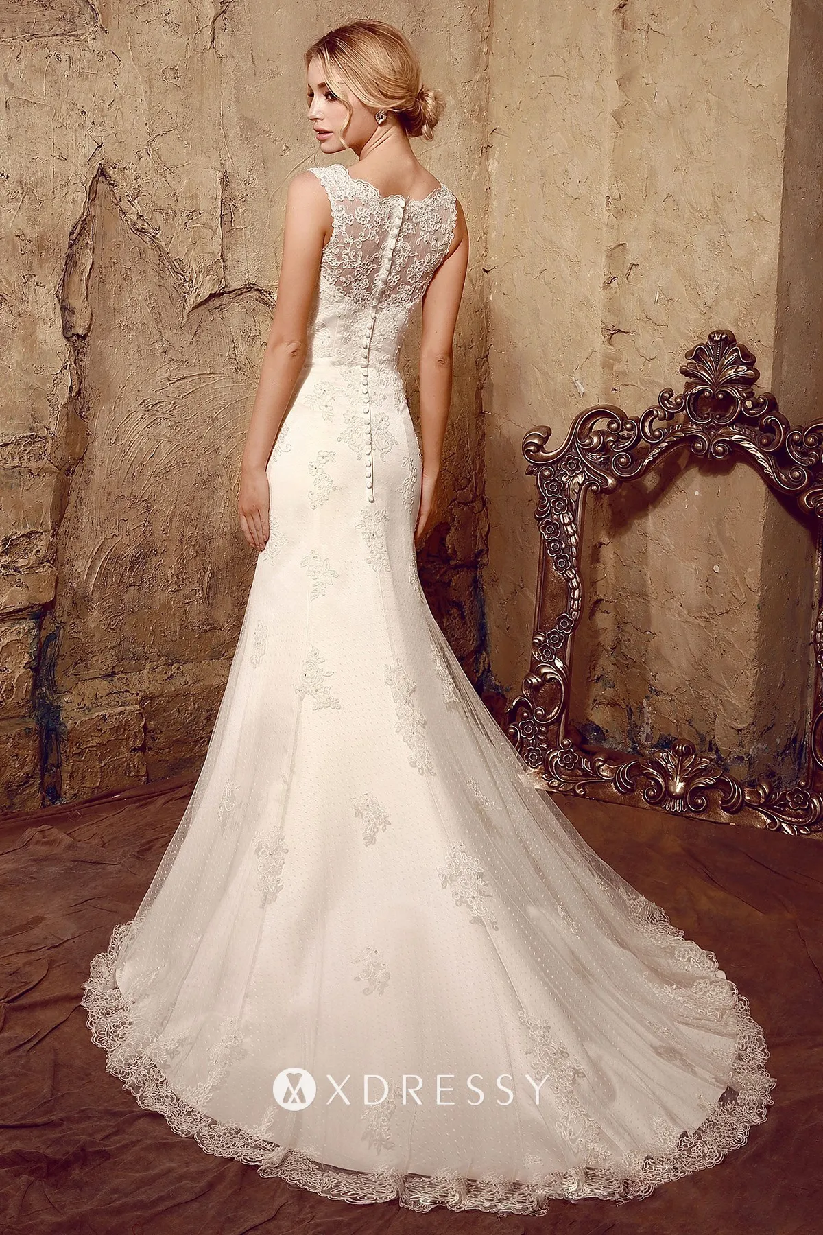 chapel train illusion neck mermaid wedding dress