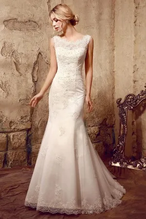 illusion neck mermaid chapel train wedding dress