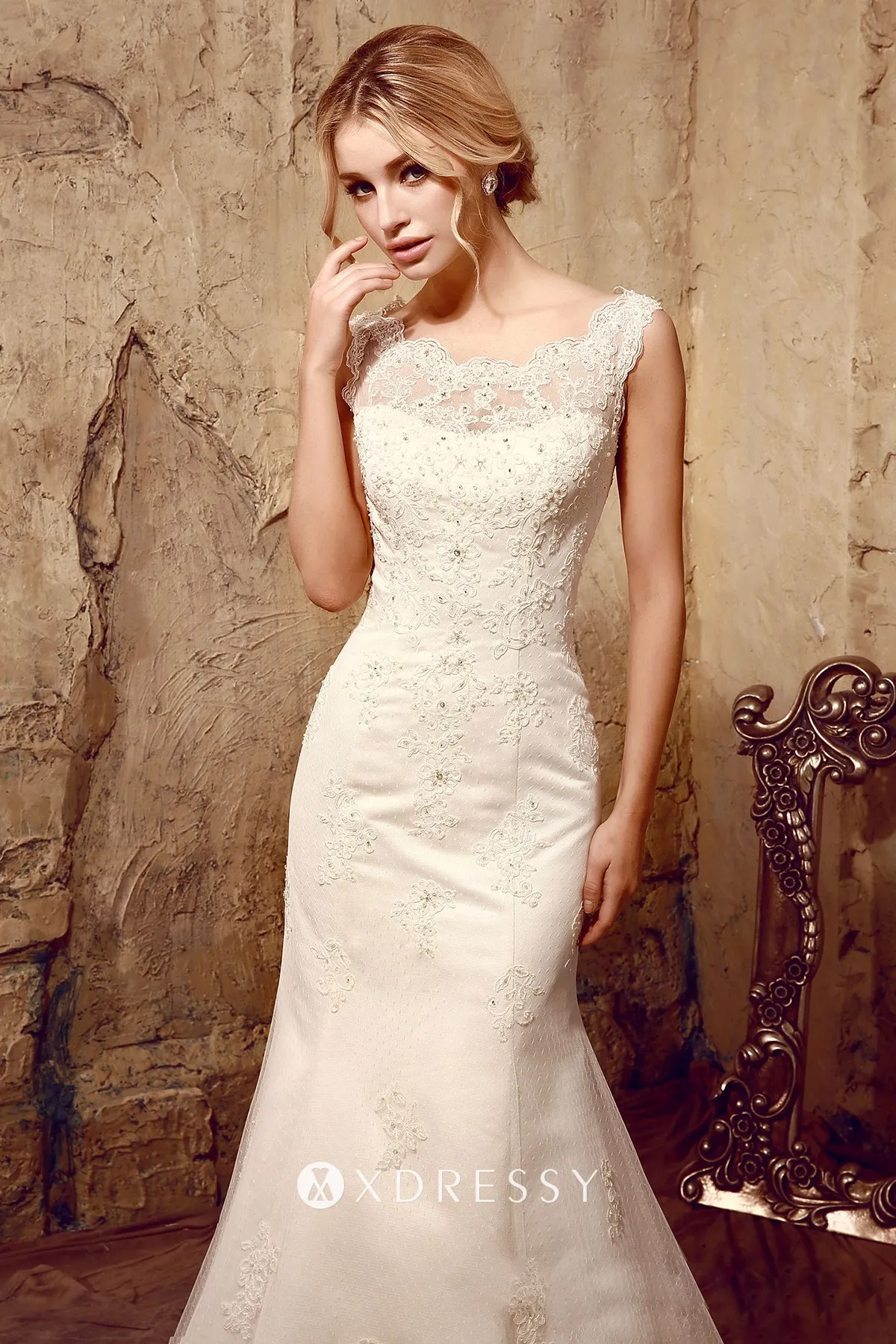 sleeveless illusion neck mermaid chapel train wedding dress