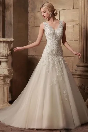 V neck lace tulle satin ball gown wedding dress