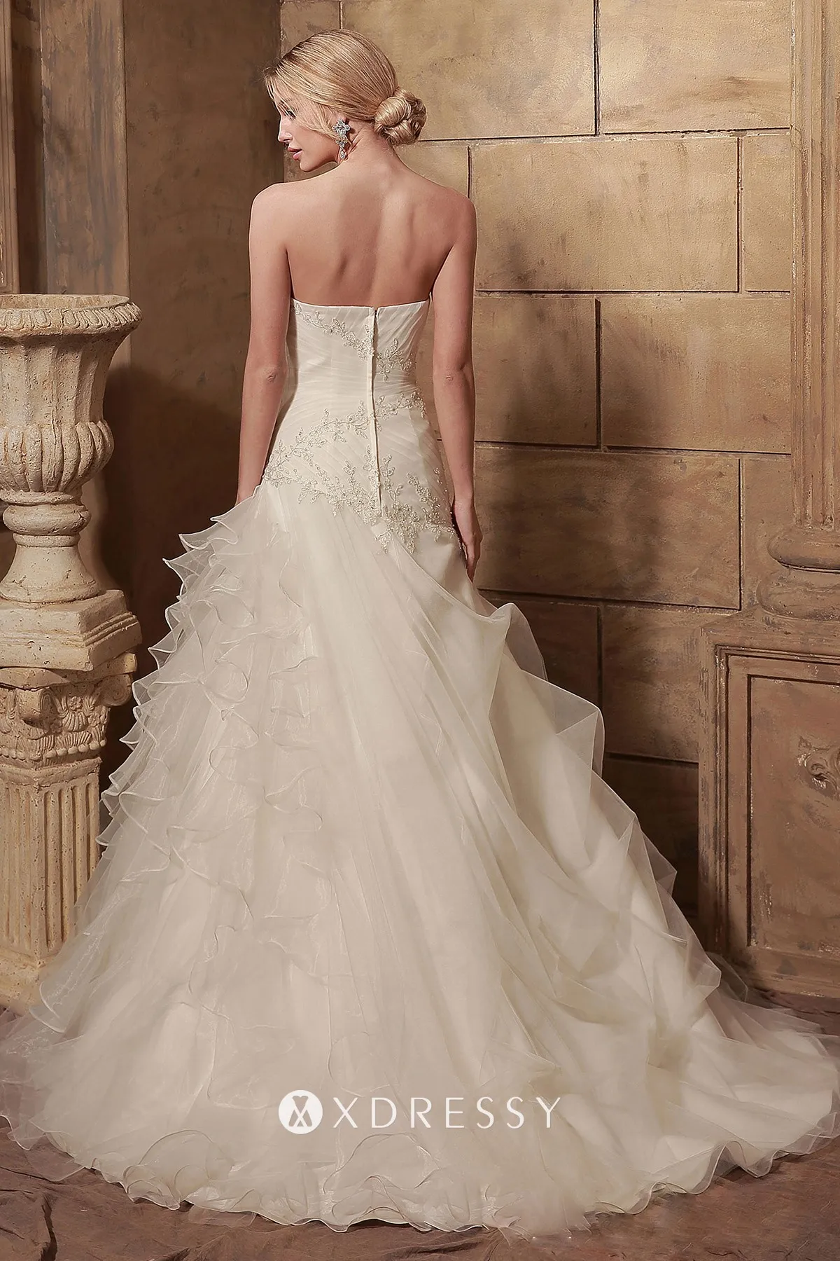 low back ruffled pick up skirt bridal gown low back ruffled pick up skirt bridal gown