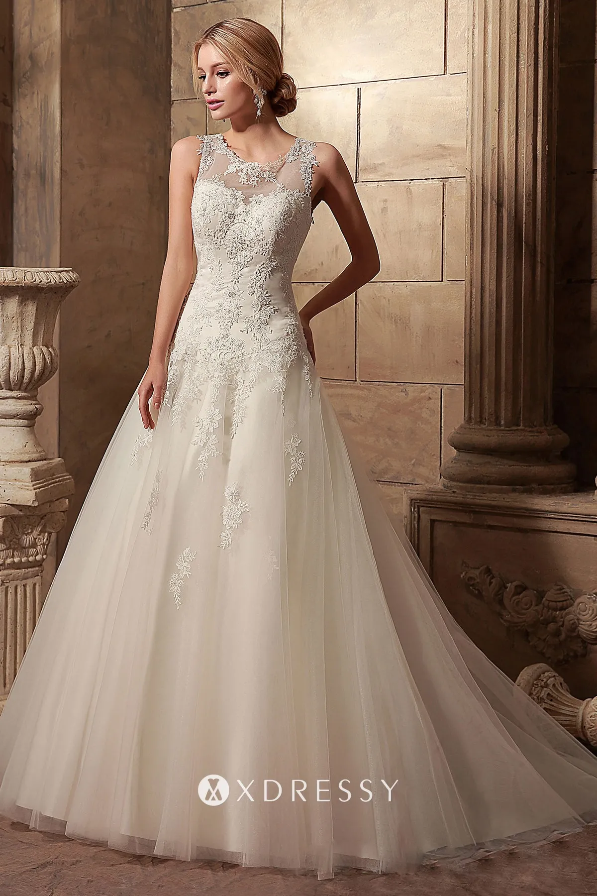 illusion neck lace appliqued tulle satin ball gown wedding dress