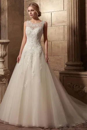 lace appliqued tulle satin ball gown wedding dress