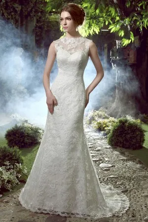 white lace overlay sleeveless mermaid wedding gown