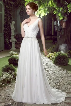 pleated white chiffon V neck flowy wedding dress