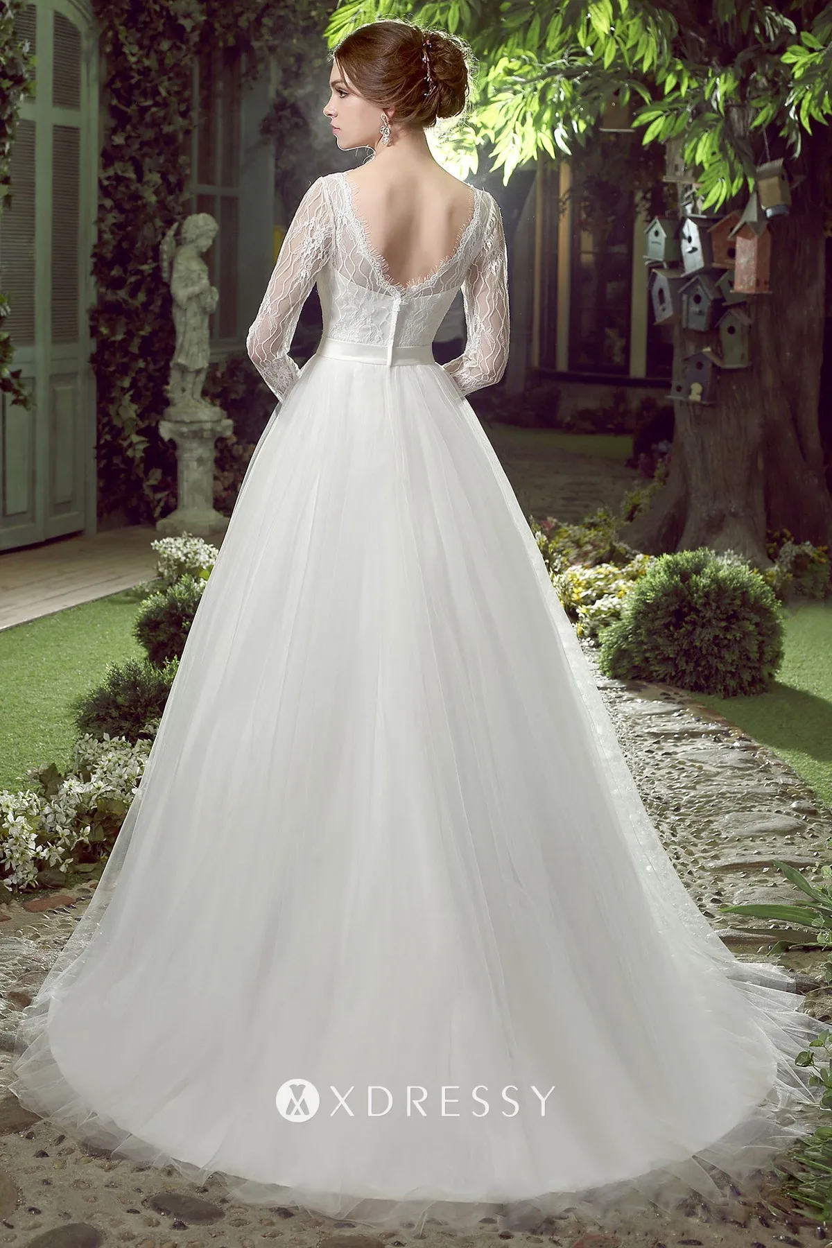 V back illusion long sleeve lace tulle wedding ball gown